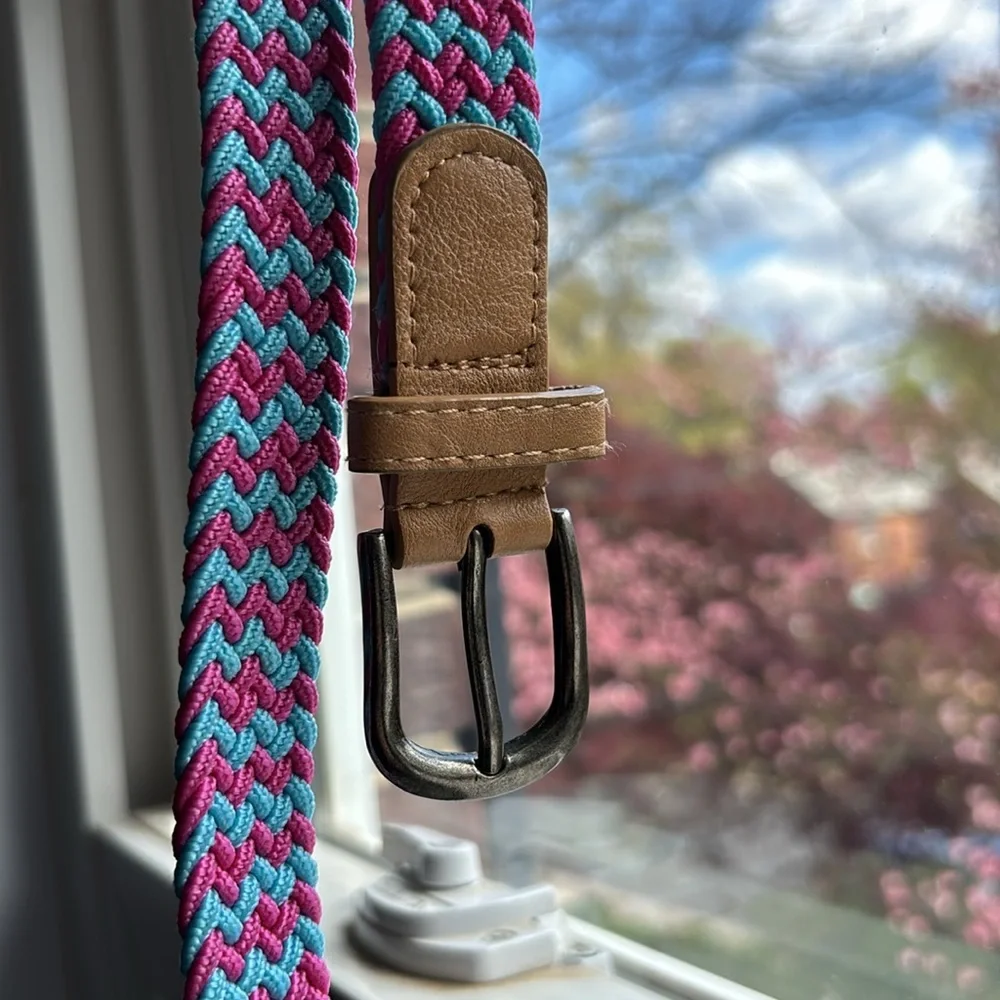 Peppercorn Kids pink & blue braided elasticized belt w/ pewter tone buckle